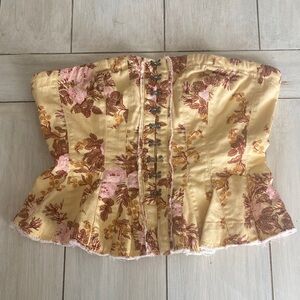 Free People Yellow Pink Tan Floral Strapless  Smocked Top Small